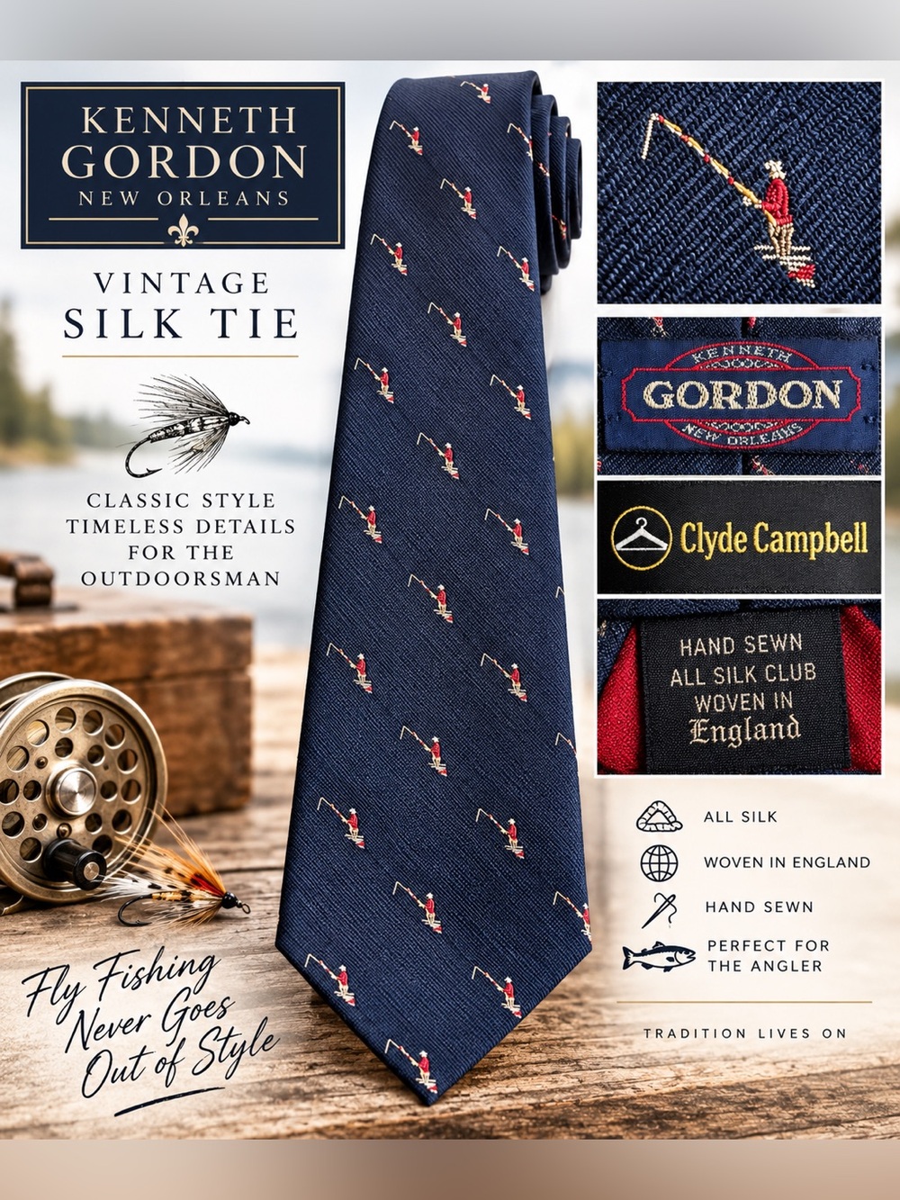 Vintage Kenneth Gordon New Orleans Silk Fly Fishing Tie Woven England